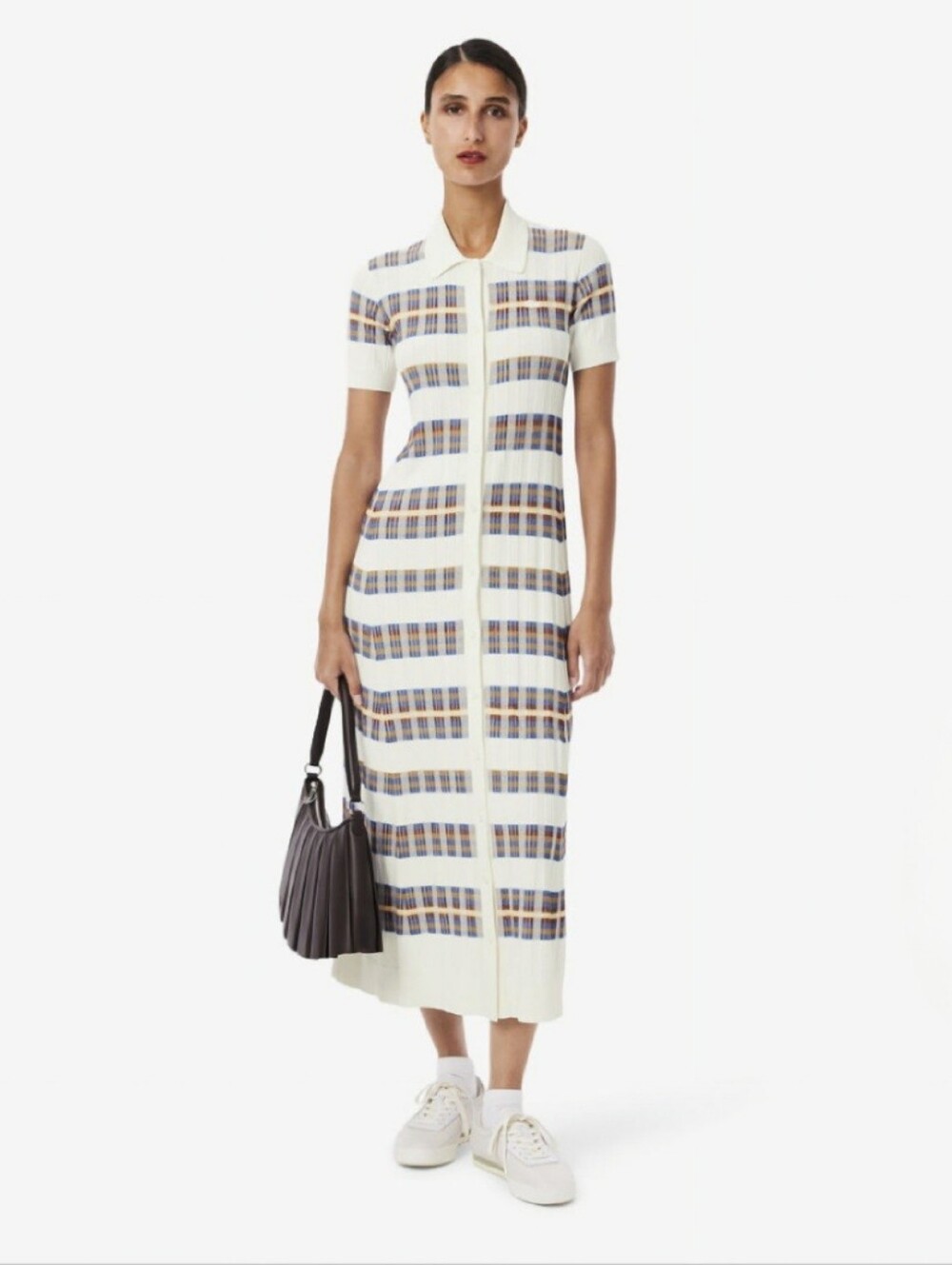 LACOSTE Knit Ribbed Polo Collar Maxi Dress Small